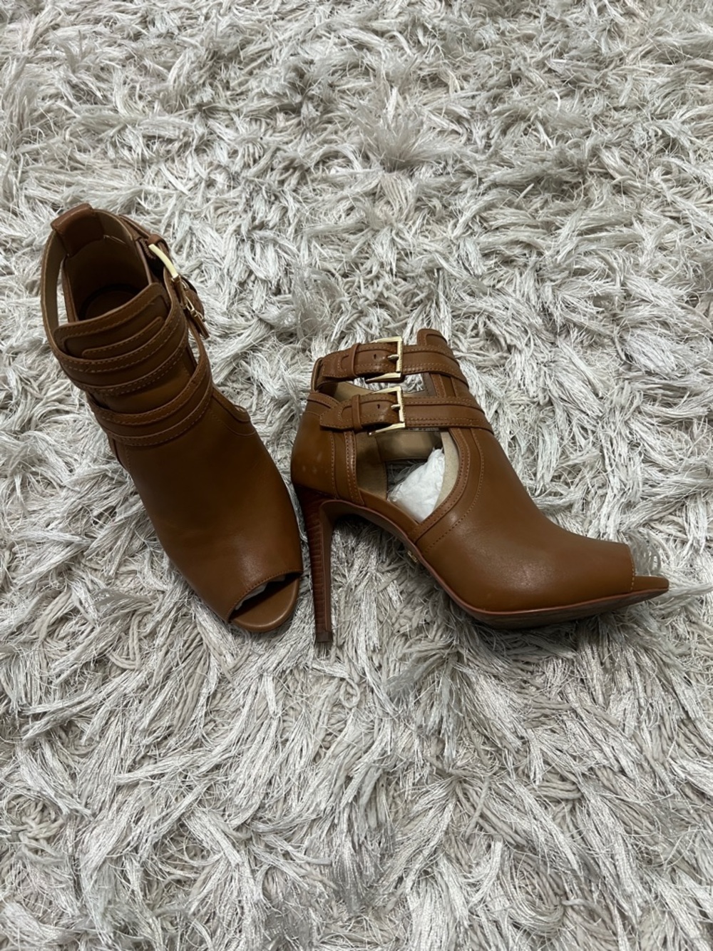 Michael Kors Cognac Brown Strappy Peep-Toe Stiletto Booties